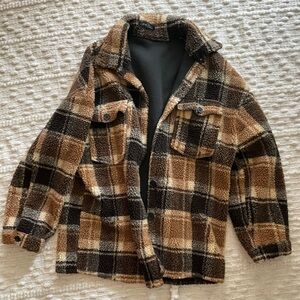 SHEIN Plaid Sherpa Jacket - Brown and Black